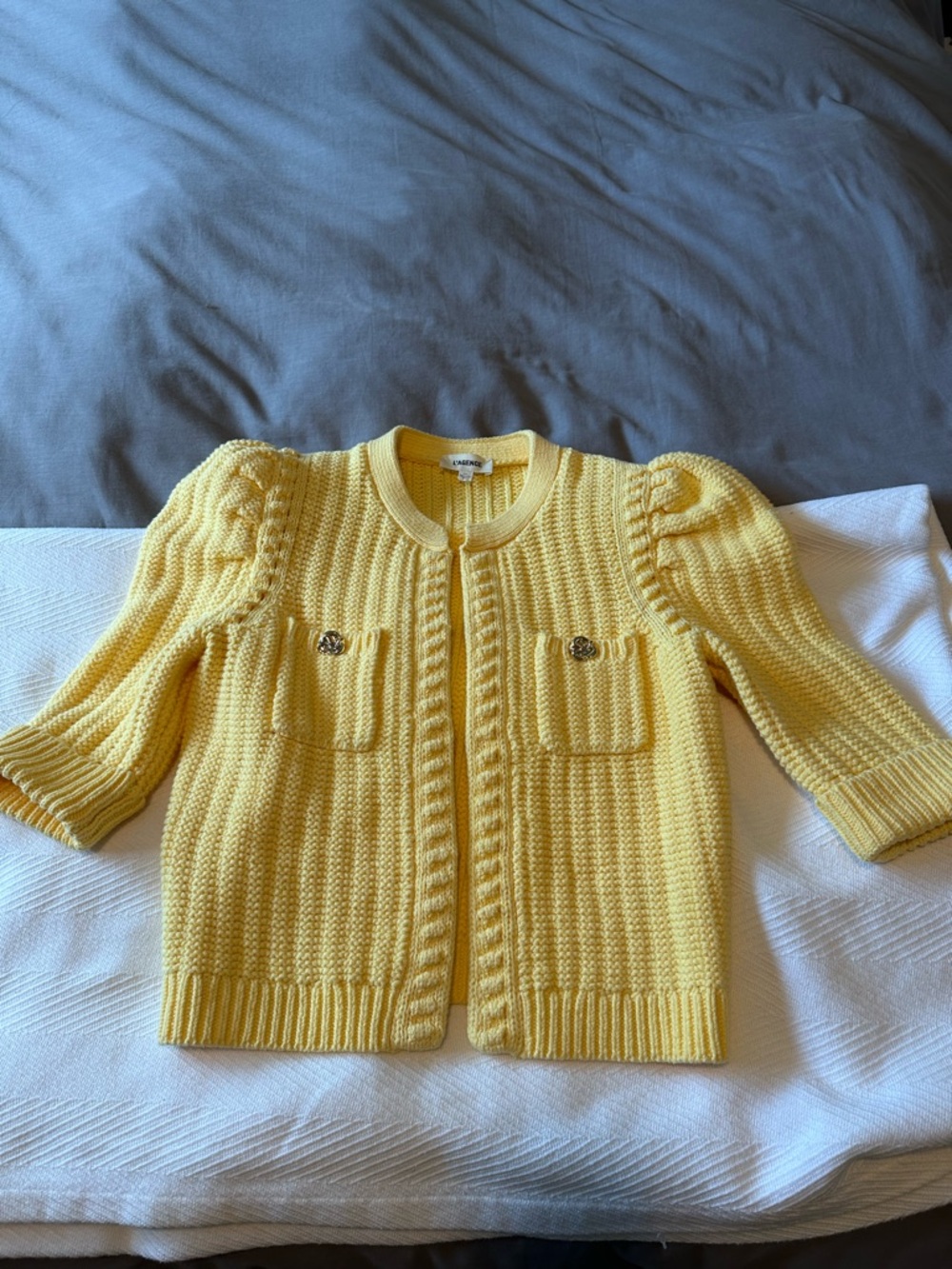 L'AGENCE Delilah Cropped Textured Cardigan in Pale Yellow. Size Small - Picture 2 of 4